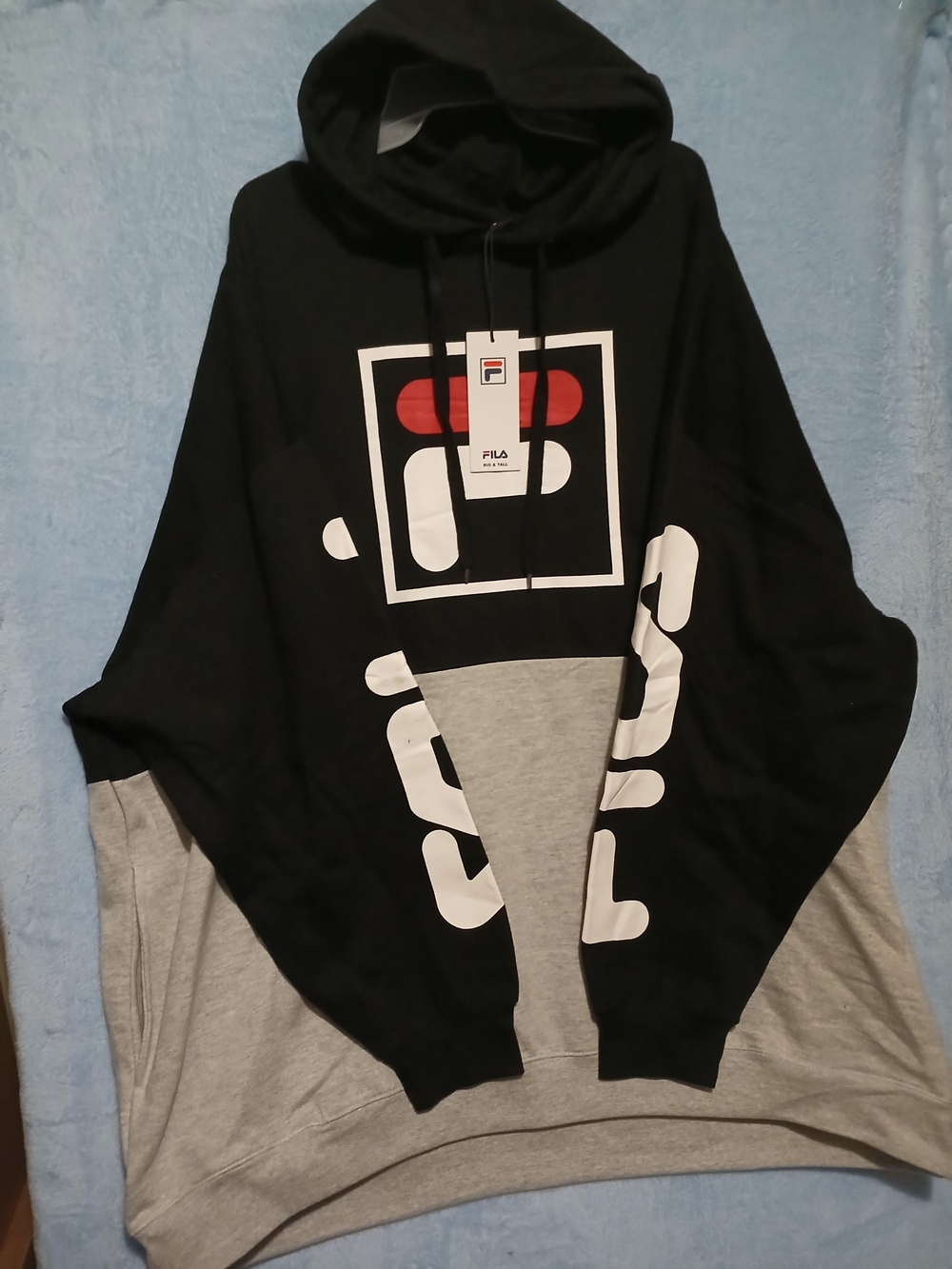 Mens Fila Black, Gray & White Colorblock Hoodie with Red Accent